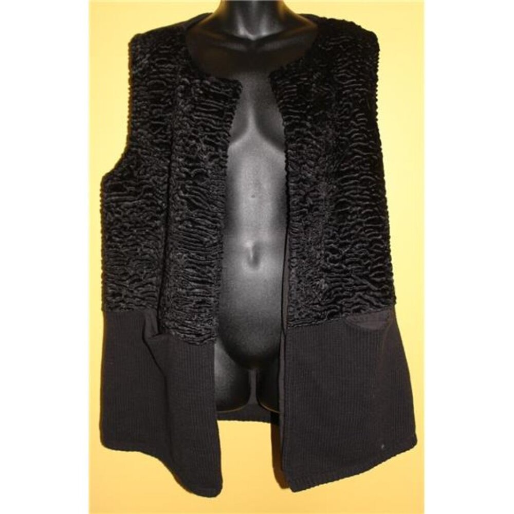 Calvin Klein 0X Crinkle Black Faux Fur Sweater Vest Ribbed Pockets Open XL XXL